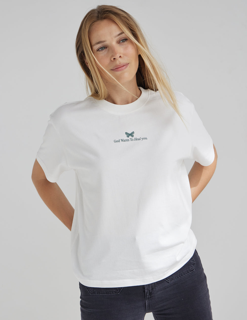 Elevated Faith Christian Apparel T-Shirt in White with Butterfly Graphic and Inspirational Text
