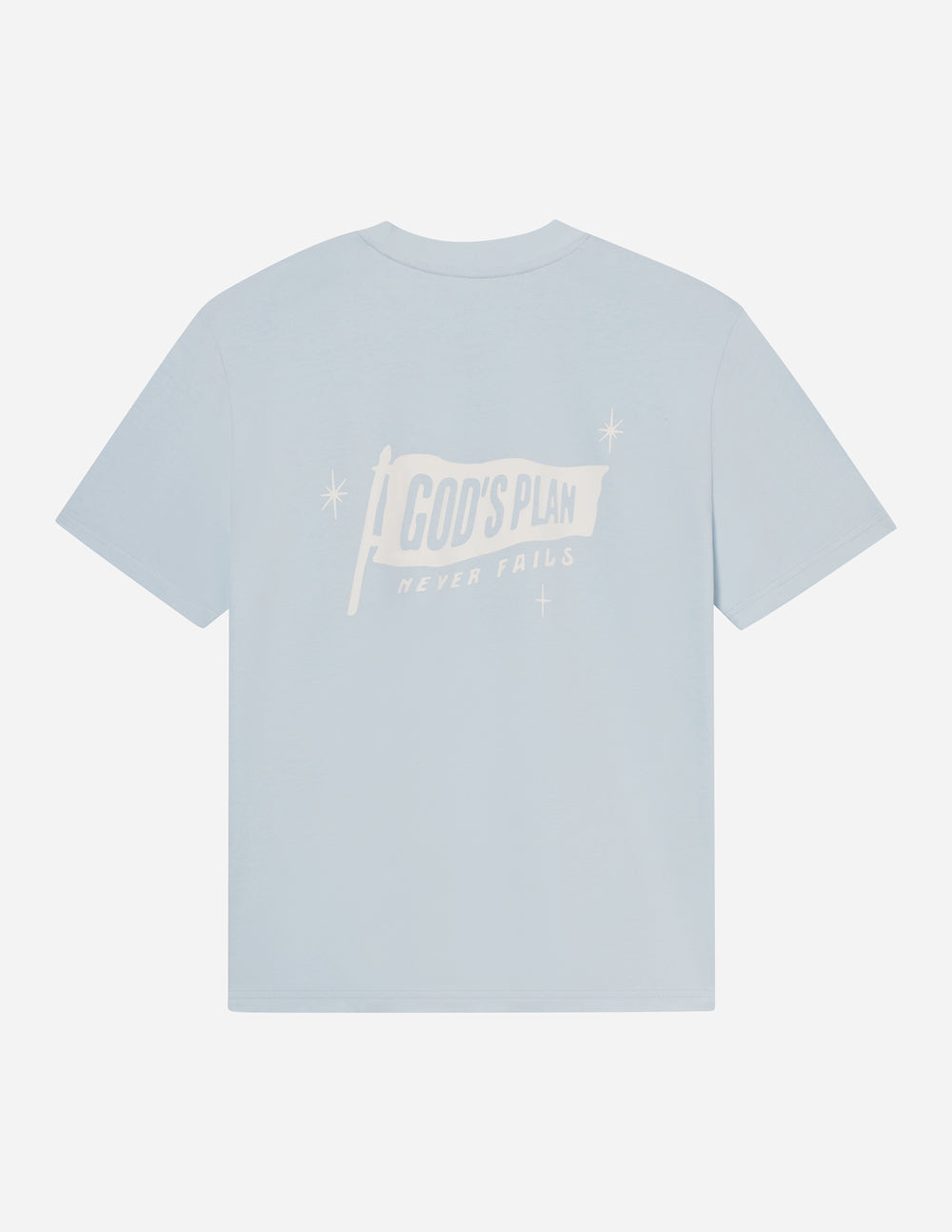 Elevated Faith Light Blue Christian Apparel T-Shirt featuring God's Plan graphic on the back