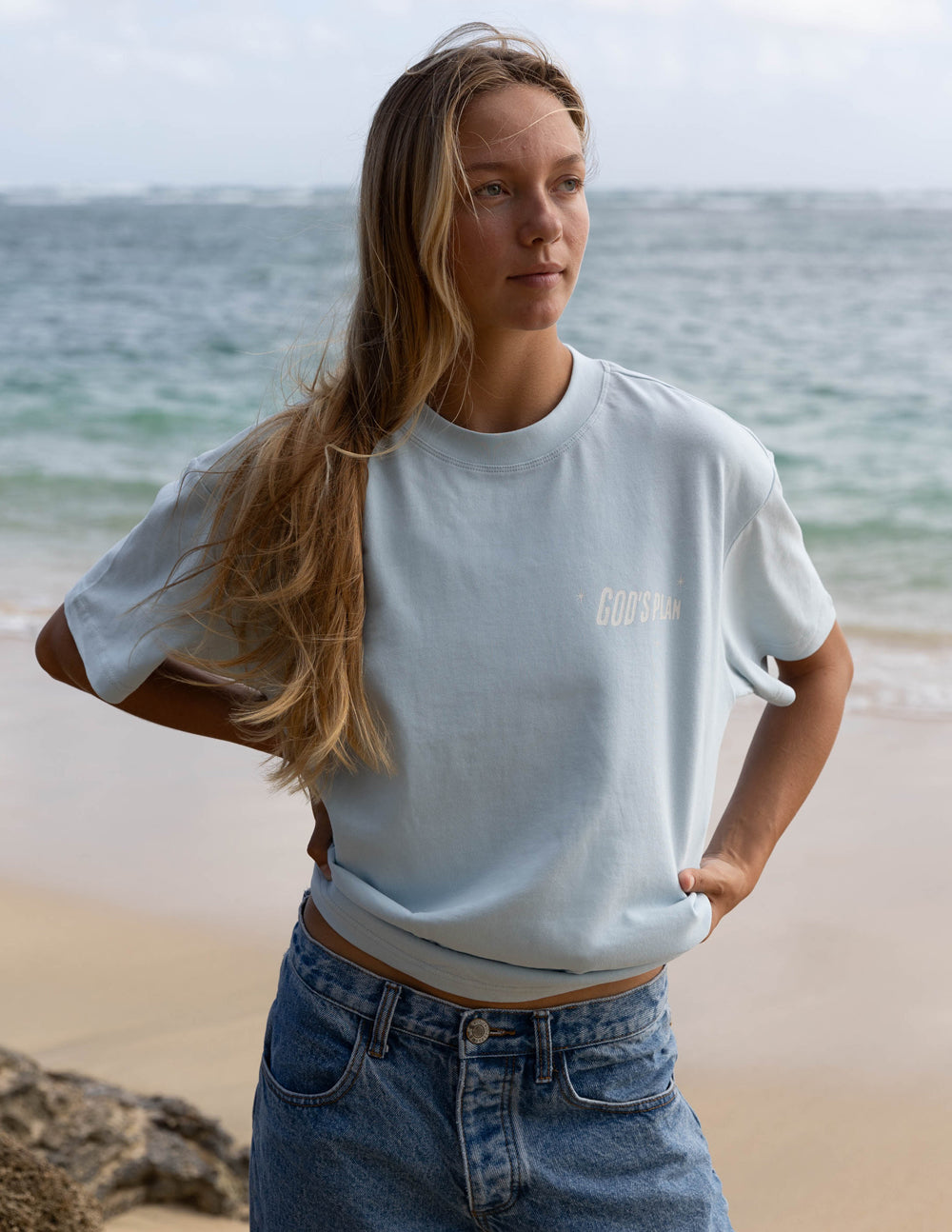 Light blue Elevated Faith Christian Apparel T-Shirt featuring the word Godspeed on the chest