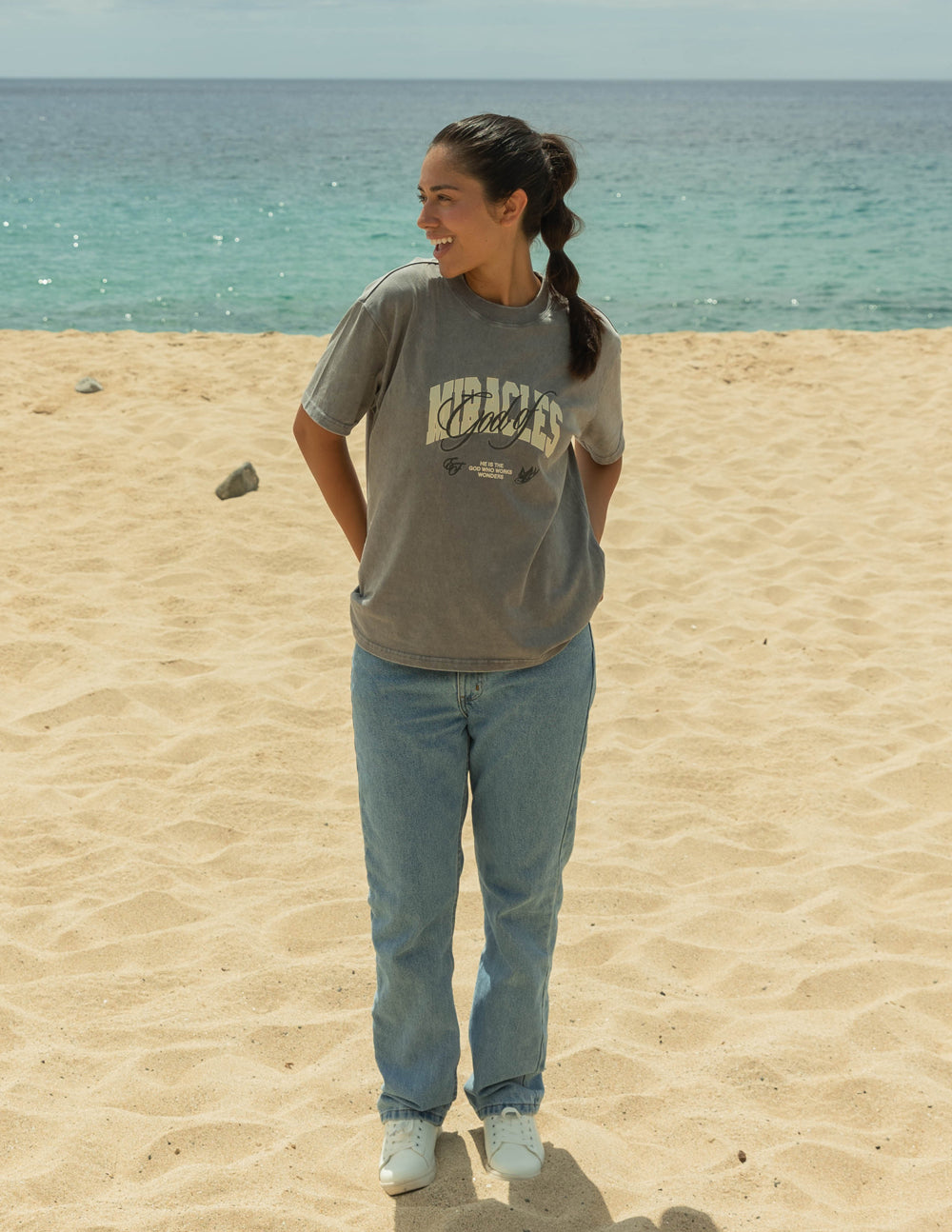 Elevated Faith Women's Christian Apparel T-Shirt in Gray with a Beach Background