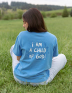 Elevated Faith Christian Apparel T-Shirt in Blue with 'I am a child of God' design on the back