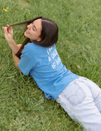 Elevated Faith Christian Apparel T-Shirt in blue, featuring the phrase I am a child of God on the back