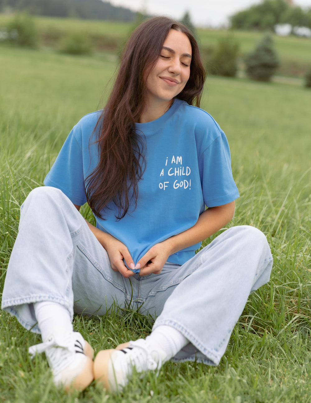 Elevated Faith Christian Apparel T-Shirt in Blue with 'I Am a Child of God' Text Design
