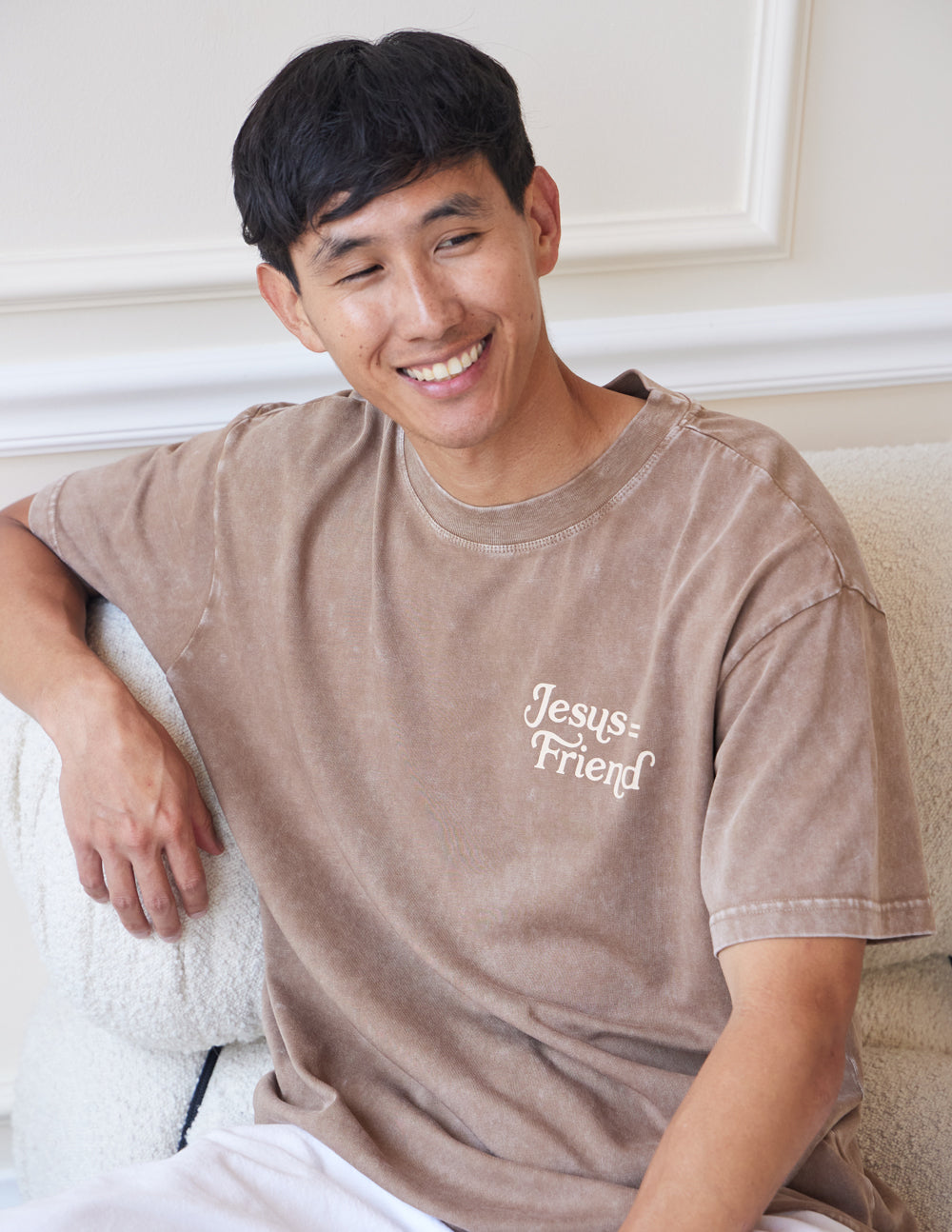 Elevated Faith Christian Apparel T-Shirt in brown featuring 'Jesus-Friend' design for casual wear