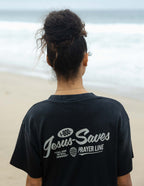 Black Elevated Faith Christian Apparel T-Shirt featuring 'Jesus Saves Prayer Line' design on back