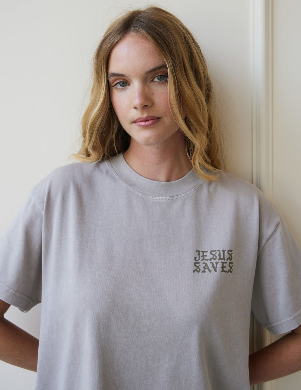 Elevated Faith Christian Apparel T-Shirt featuring 'Jesus Saves' design in gray color