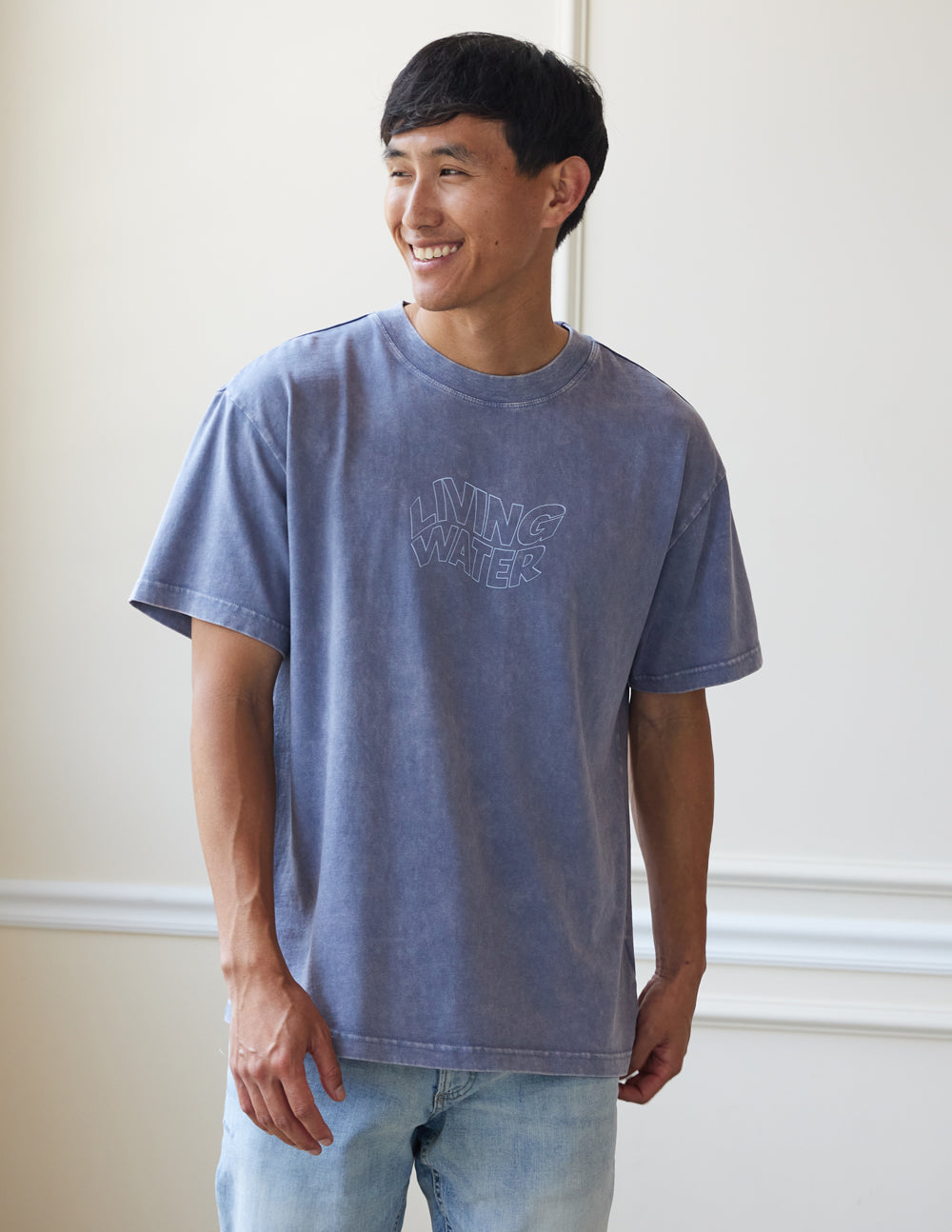 Men's Elevated Faith Christian Apparel T-Shirt in blue with 'Living Water' design for stylish faith wear