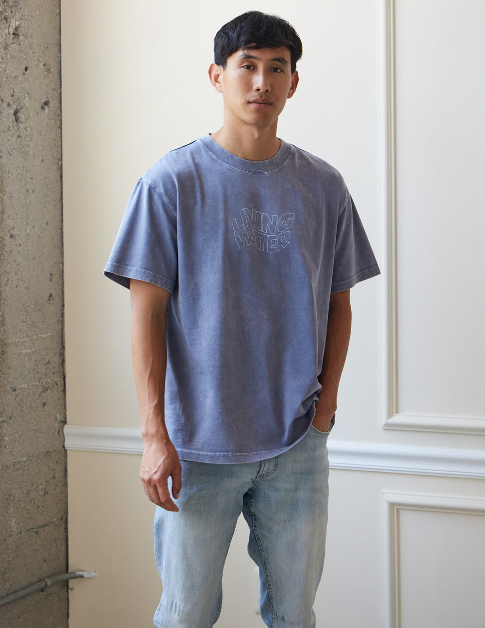 Elevated Faith Christian Apparel T-Shirt in faded blue, featuring 'Living Water' graphic design