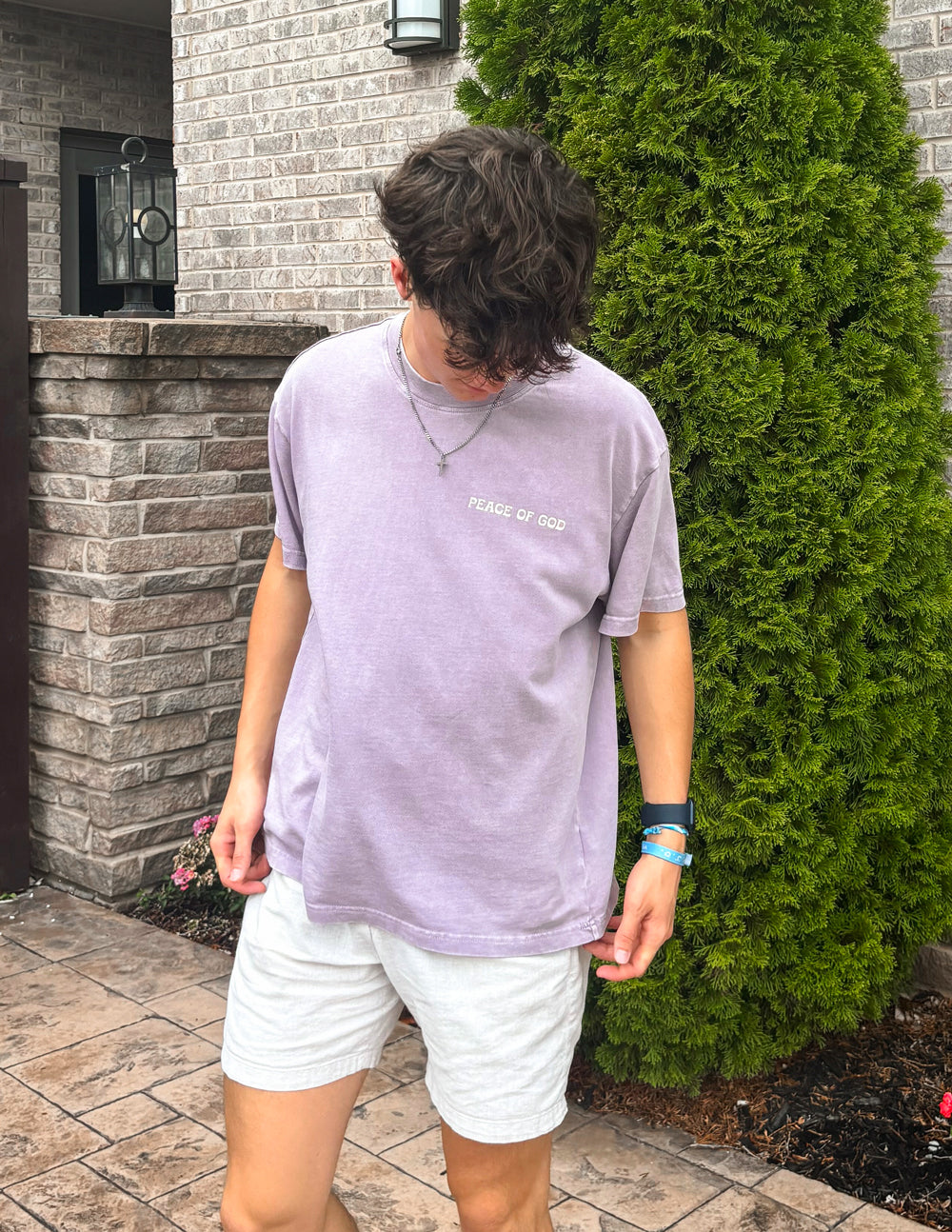 Light purple Elevated Faith Christian Apparel T-Shirt with 'Peace of God' embroidery for casual wear