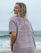 Purple Elevated Faith Christian Apparel T-Shirt featuring 'Peace of God' graphic on the back
