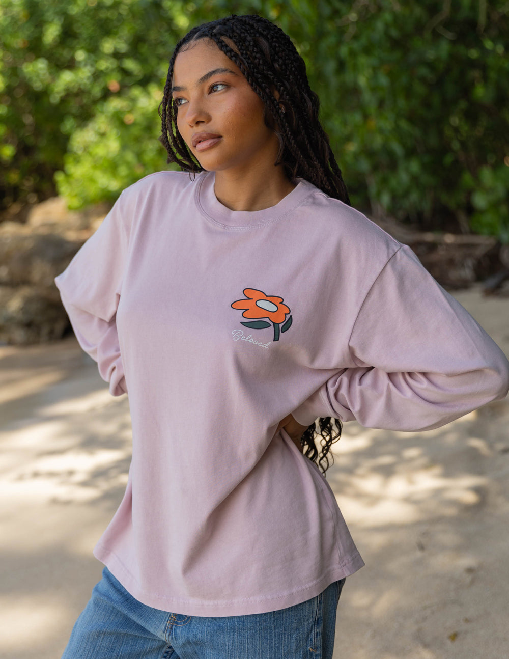 Elevated Faith Christian Apparel T-Shirt in soft pink with flower graphic design on the chest