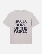 Elevated Faith Christian Apparel T-Shirt featuring bold text design 'Jesus Hope of the World' on the back