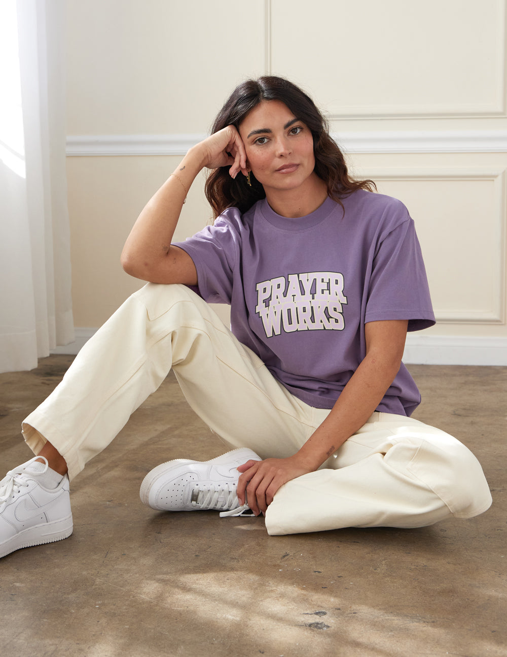 Purple Elevated Faith Christian Apparel T-Shirt featuring 'Prayer Works' text design