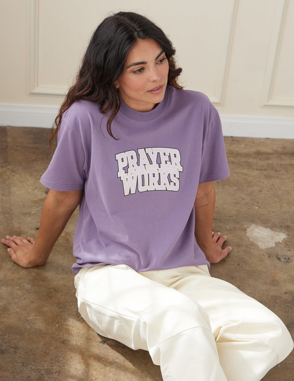 Purple Elevated Faith Christian Apparel T-Shirt with 'Prayer Works' graphic for a stylish look