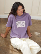 Purple Elevated Faith Christian Apparel T-Shirt with 'Prayer Works' graphic for a stylish look