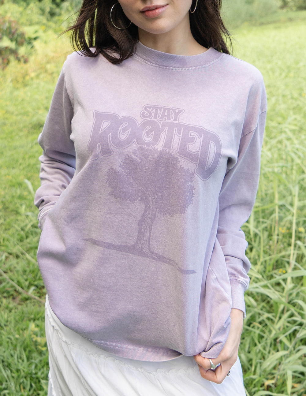 Elevated Faith Stay Rooted Christian Apparel T-Shirt in Lavender with Tree Design
