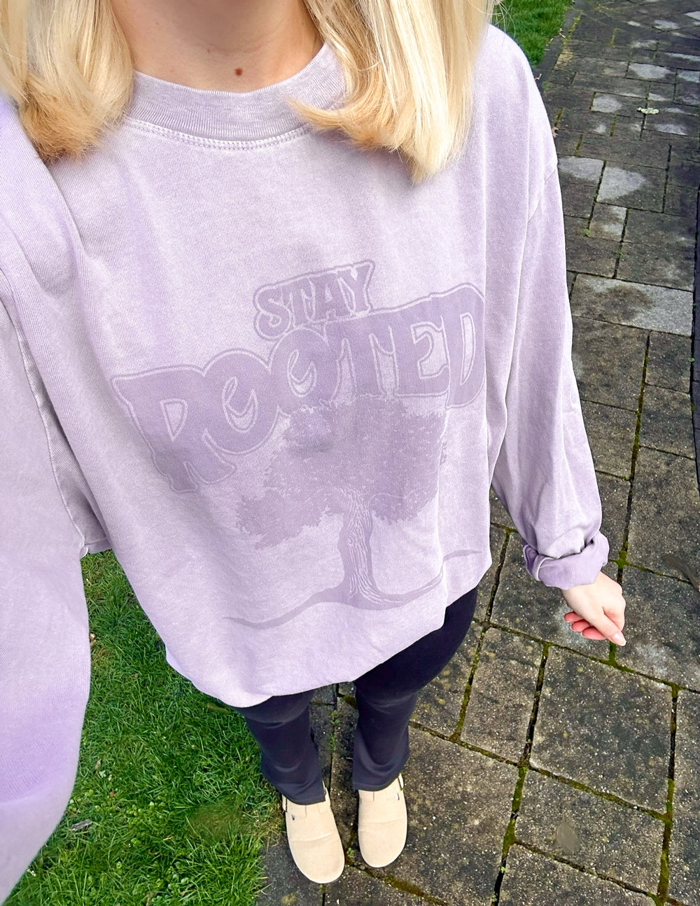 Elevated Faith Stay Rooted Christian Apparel T-Shirt in Lavender with Tree Graphic Design