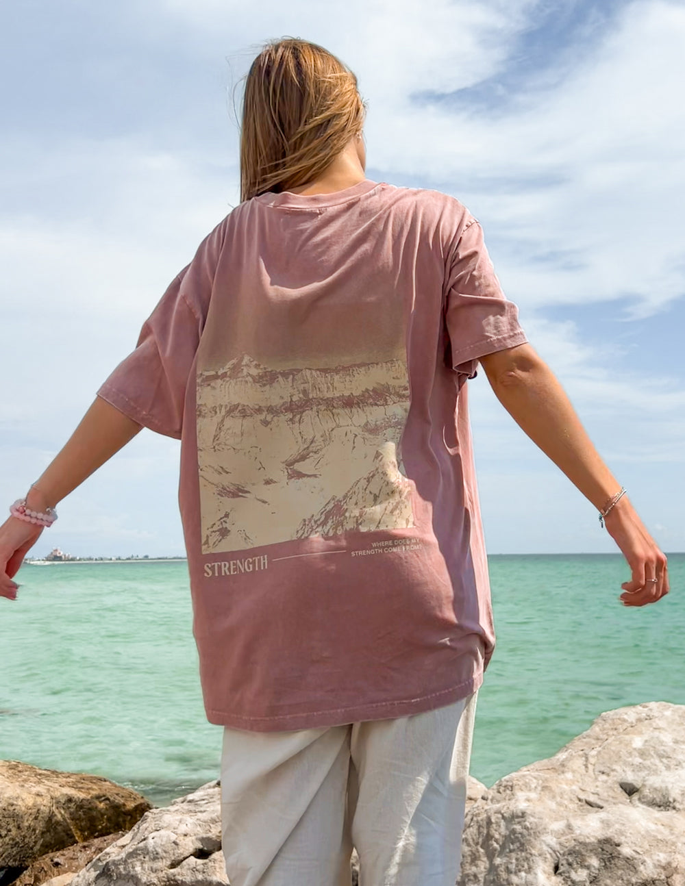 Elevated Faith Christian Apparel T-Shirt in dusty rose with a scenic landscape design on the back