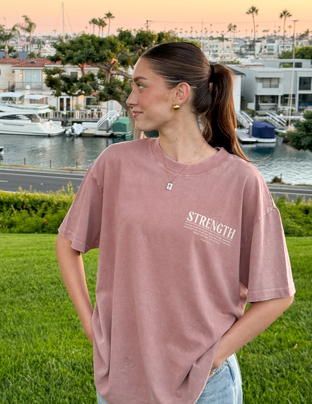 Elevated Faith Christian Apparel T-Shirt in Pink with Strength Graphic Design for Casual Wear