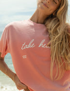 Elevated Faith Christian Apparel T-Shirt in Pink with 'take heart' design and John 16:33 verse