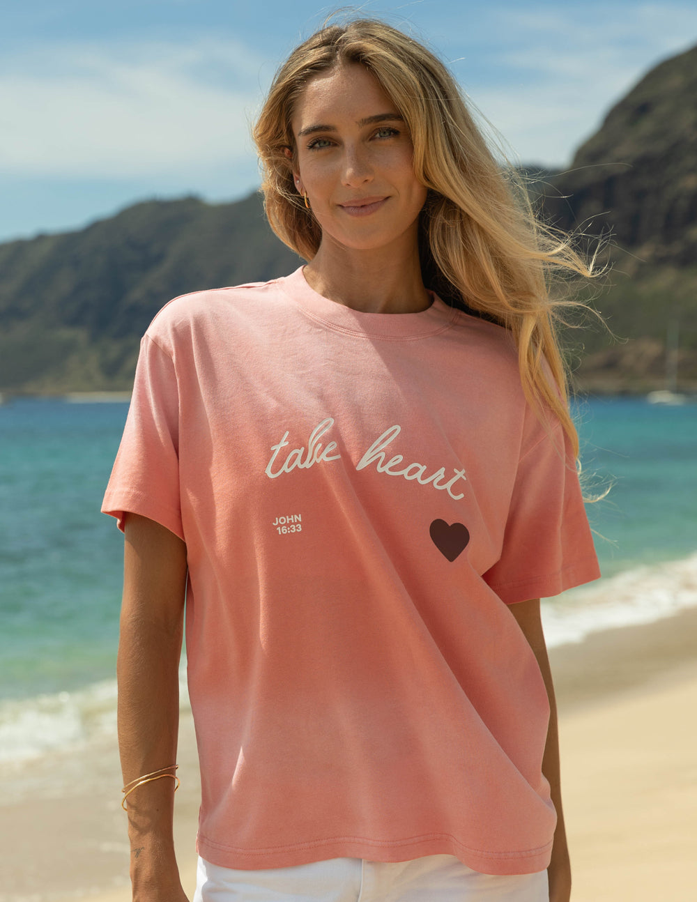 Elevated Faith Christian Apparel T-Shirt in Pink with 'Take Heart' design and heart graphic