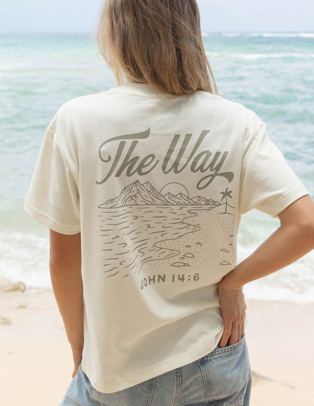 Elevated Faith Christian Apparel T-Shirt featuring 'The Way' design with landscape and scripture on the back