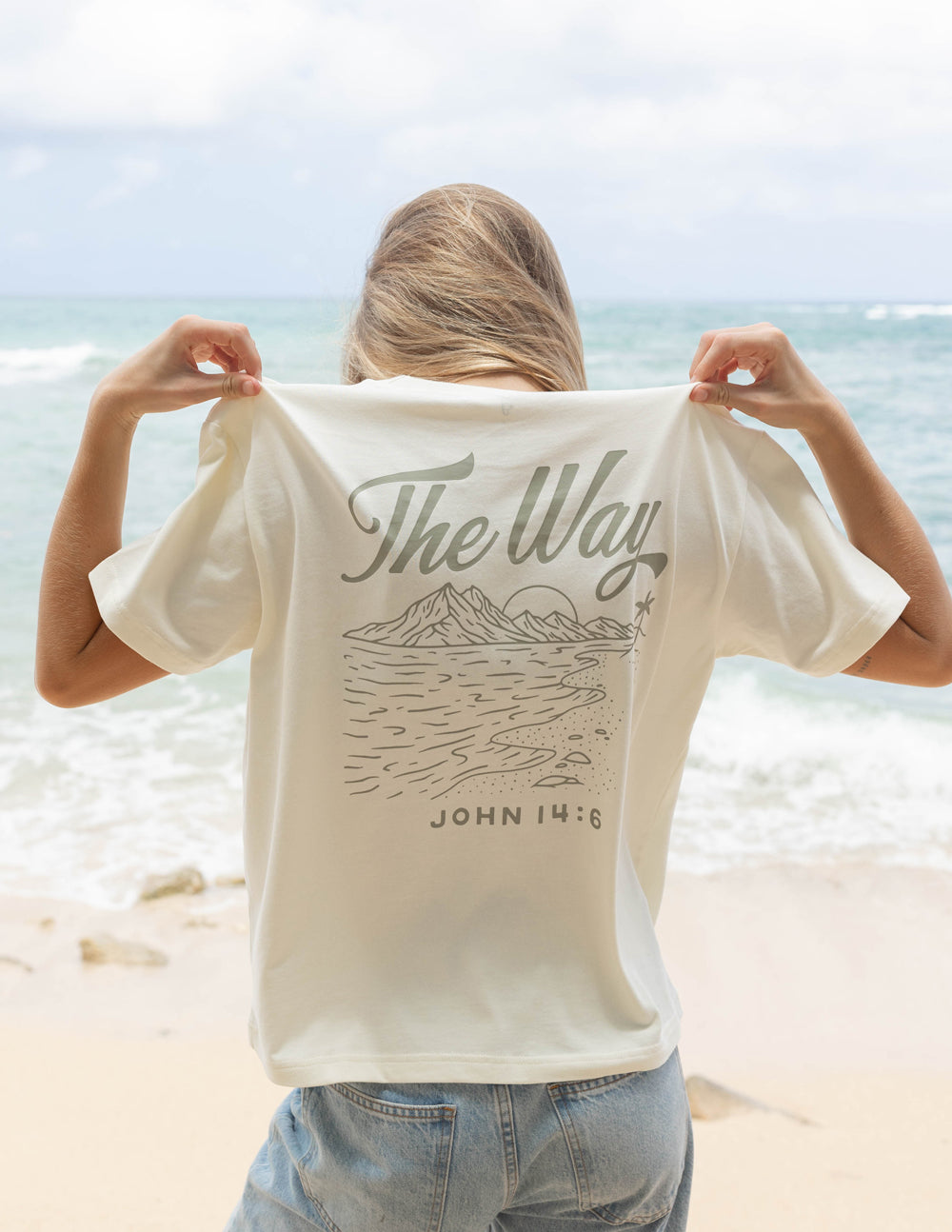 Elevated Faith Christian Apparel T-Shirt with 'The Way' design featuring mountains and ocean view