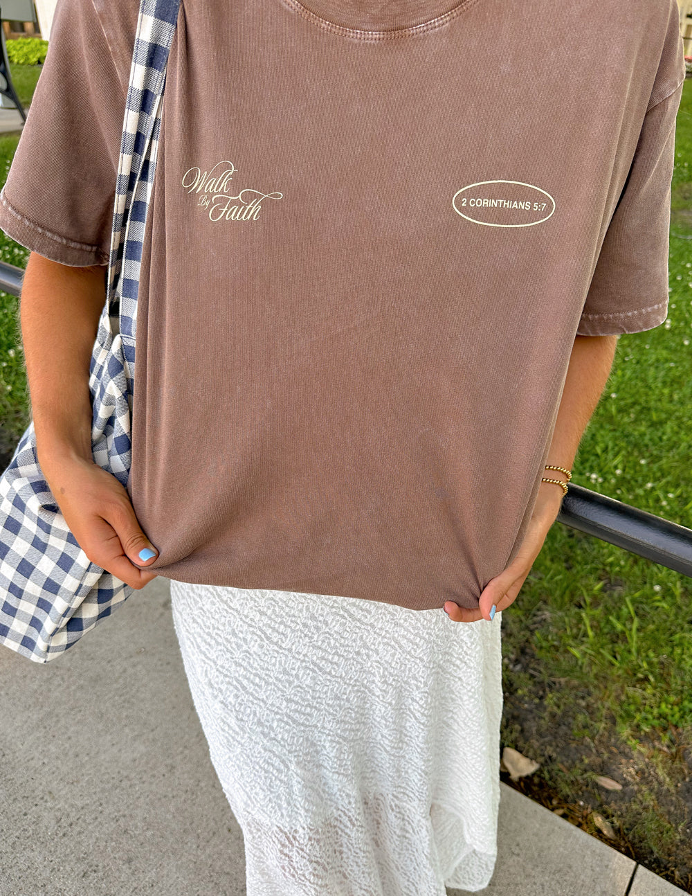 Elevated Faith Christian Apparel T-Shirt in brown with 'Walk by Faith' design and verse reference