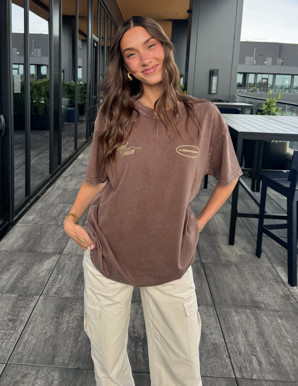 Brown Elevated Faith Christian Apparel T-Shirt with Minimalist Design and Loose Fit