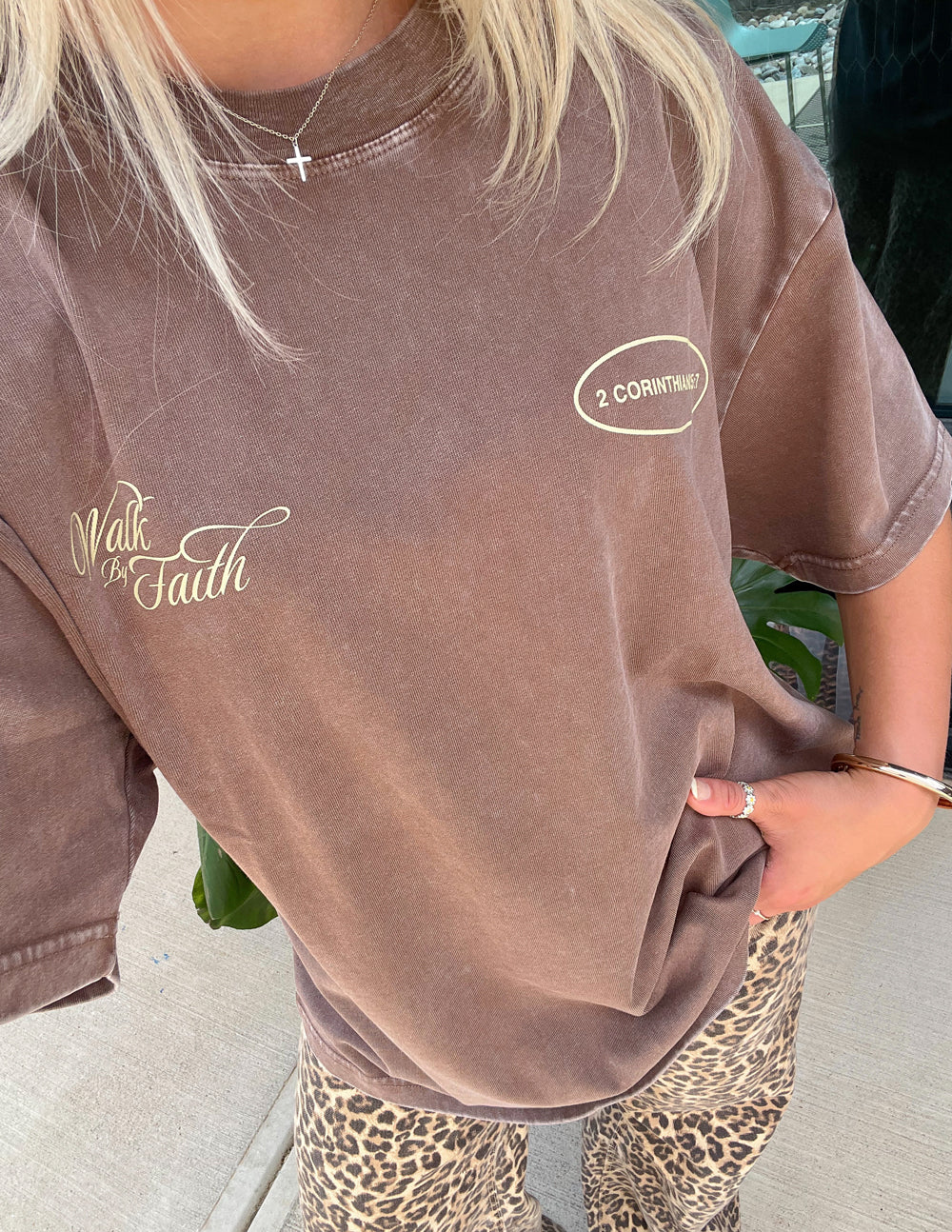 Elevated Faith Christian Apparel T-Shirt in Brown with 'Walk by Faith' Design and 2 Corinthians Reference