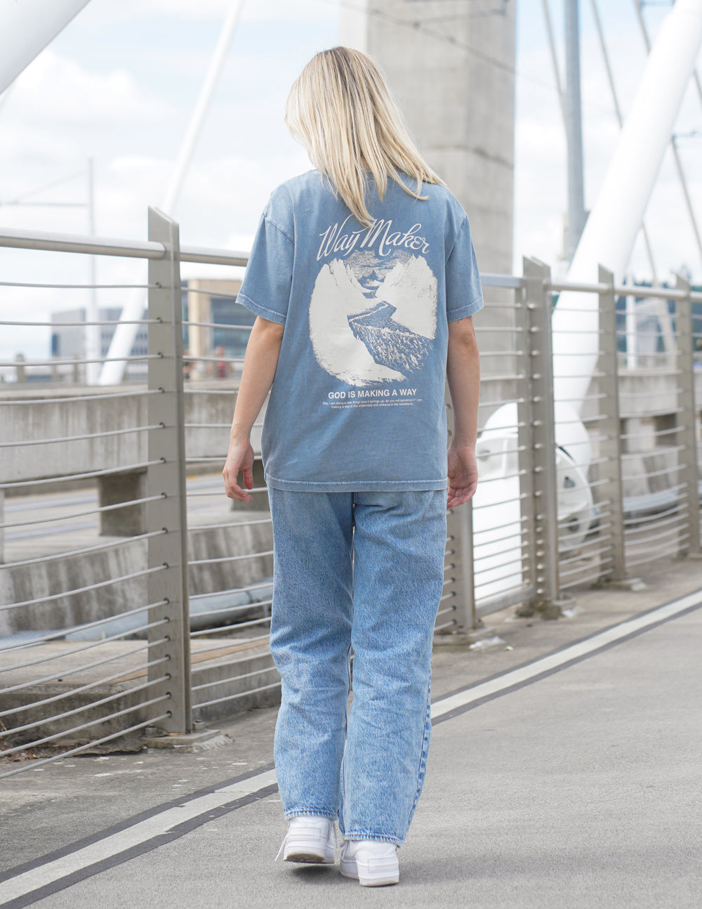 Elevated Faith Christian Apparel T-Shirt in blue featuring a Way Maker design on the back