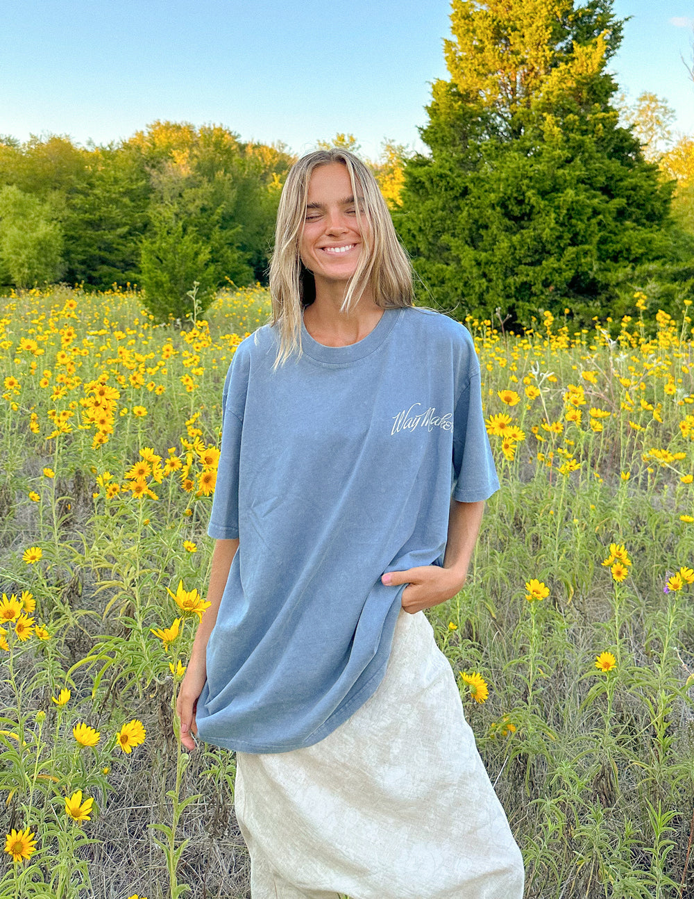 Elevated Faith Christian Apparel T-Shirt in blue, perfect for casual summer outings in nature