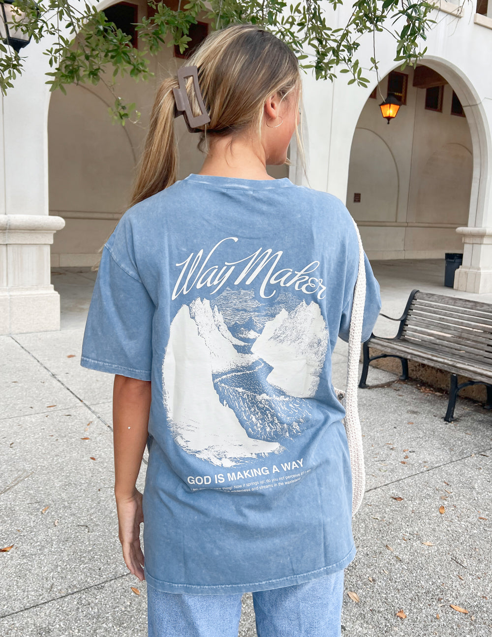 Elevated Faith Christian Apparel T-Shirt in blue with 'Way Maker' graphic design on the back