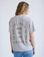Elevated Faith Christian Apparel T-Shirt in gray featuring inspirational text on the back