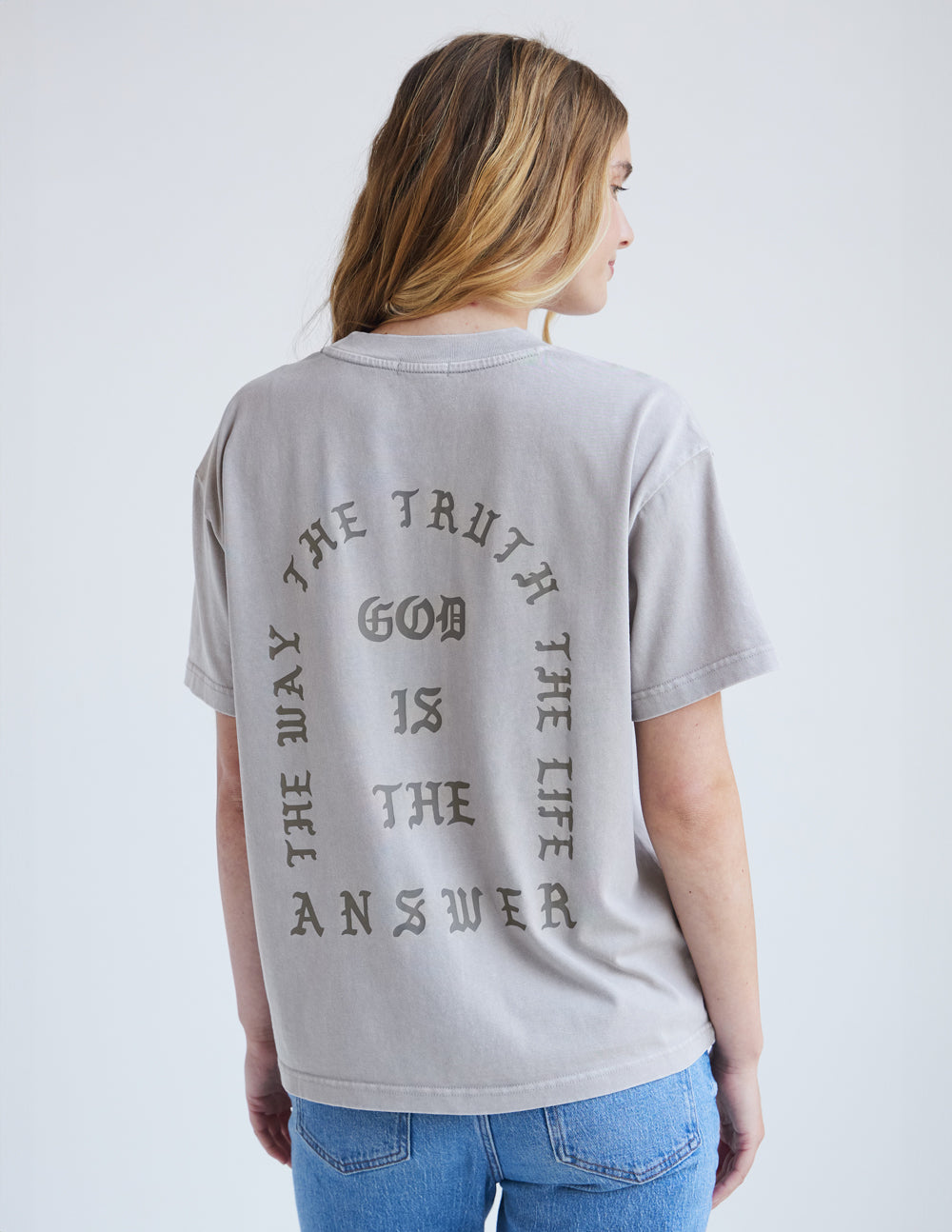Elevated Faith Christian Apparel T-Shirt in gray featuring inspirational text on the back