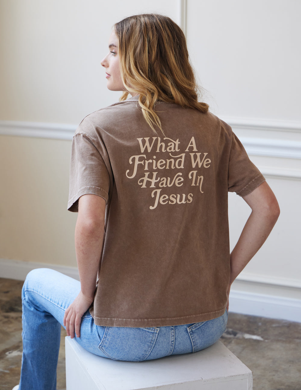 Elevated Faith Christian Apparel T-Shirt in brown with 'What A Friend We Have In Jesus' printed on the back