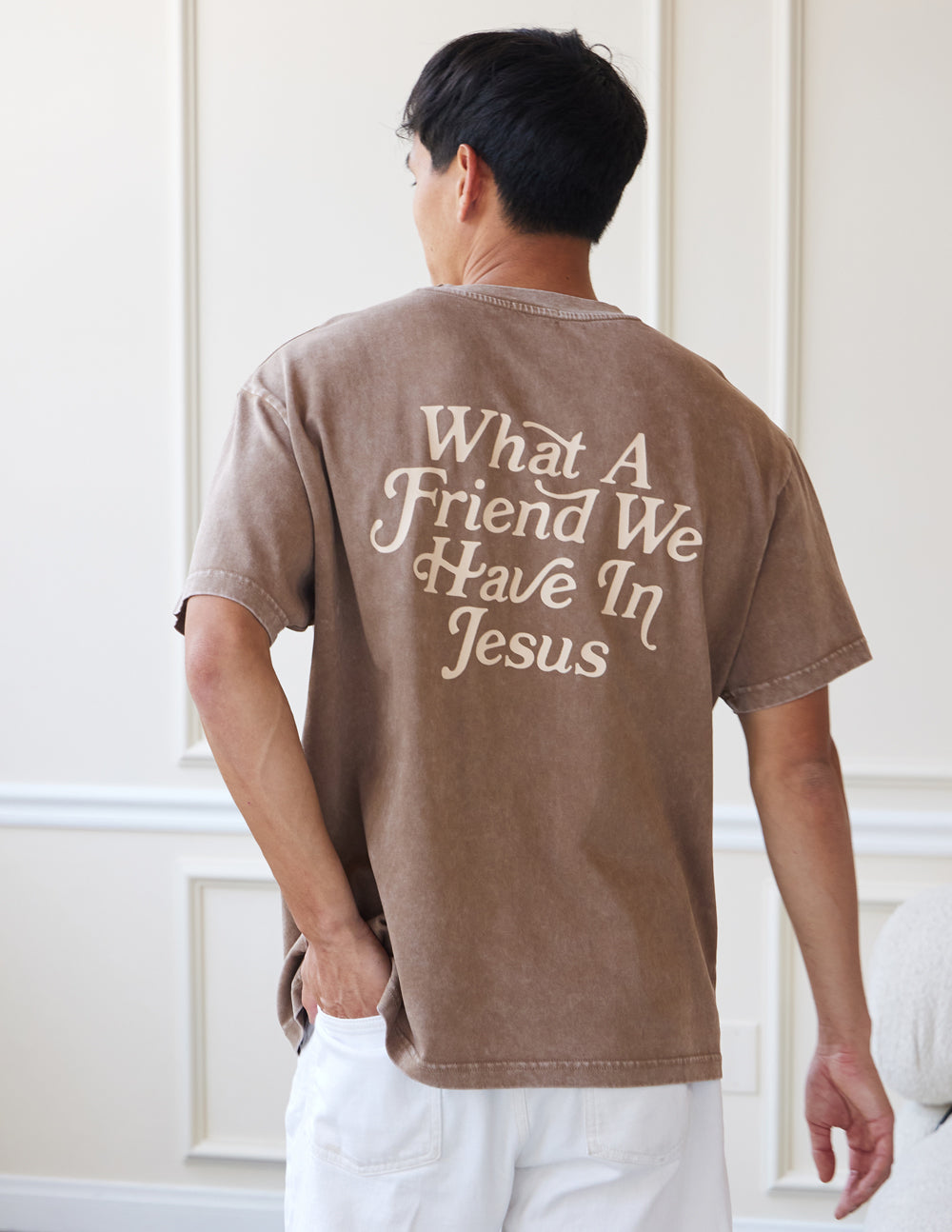 Brown Elevated Faith Christian Apparel T-Shirt with 'What A Friend We Have In Jesus' on the back