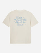 Elevated Faith Christian Apparel T-Shirt in cream, featuring a blue graphic that says What A Friend We Have In Jesus