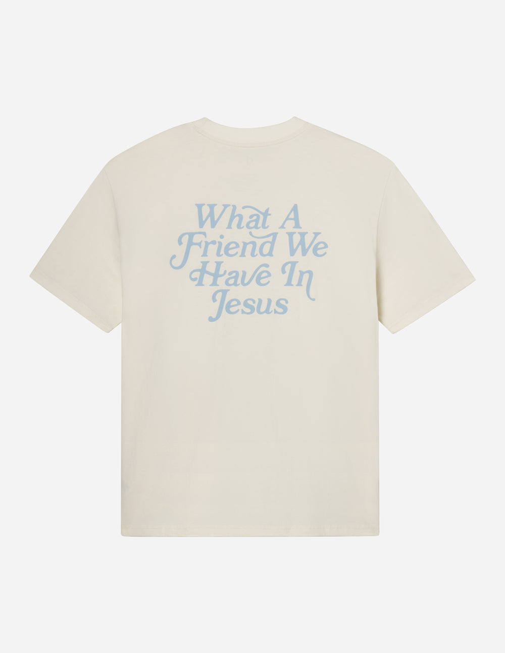Elevated Faith Christian Apparel T-Shirt in cream, featuring a blue graphic that says What A Friend We Have In Jesus