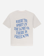 Elevated Faith Christian Apparel T-Shirt featuring a bold message 'Where the Spirit of the Lord is, There is Freedom' in blue