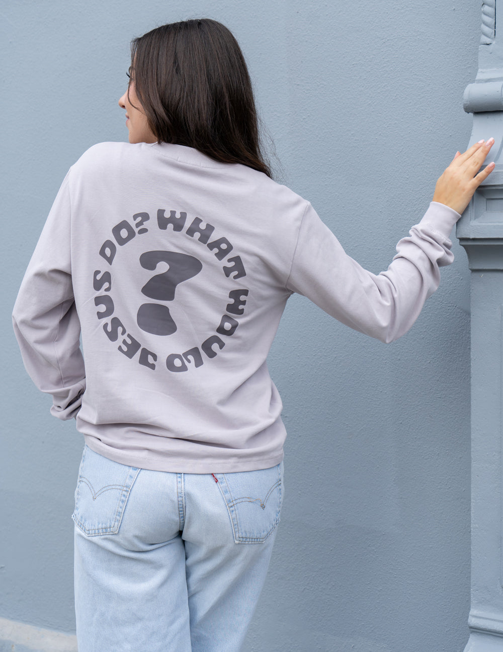 Elevated Faith Christian Apparel T-Shirt in gray featuring a unique question design on the back