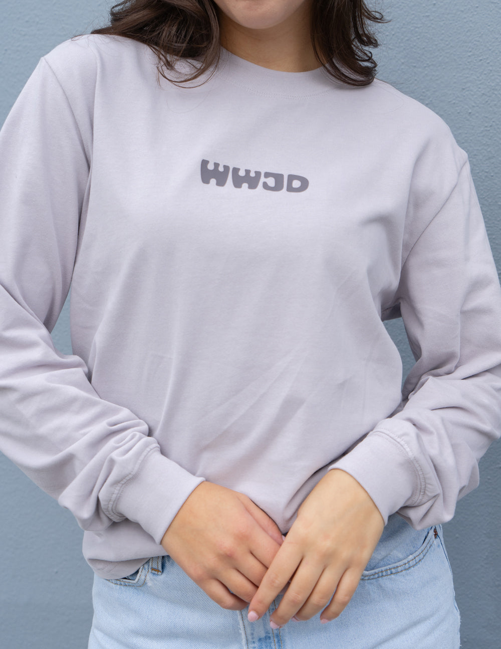 Elevated Faith Christian Apparel T-Shirt in lavender featuring WWJD text design for casual wear