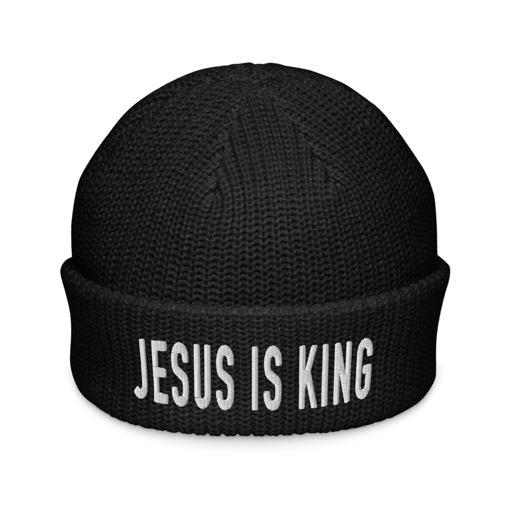 Black Christian Beanie featuring 'Jesus Is King' embroidered in bold white letters