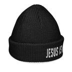 Black Christian Beanie featuring the phrase Jesus is King for style and warmth