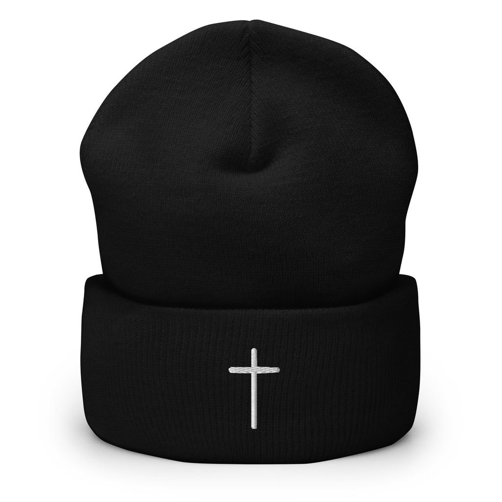Black Christian Beanie with a white cross logo for stylish winter wear