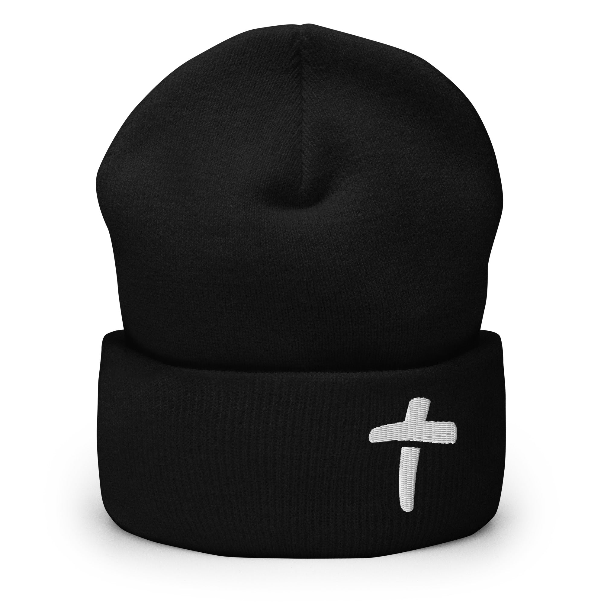 Black Christian Beanie with a White Cross Design Perfect for Winter Wear