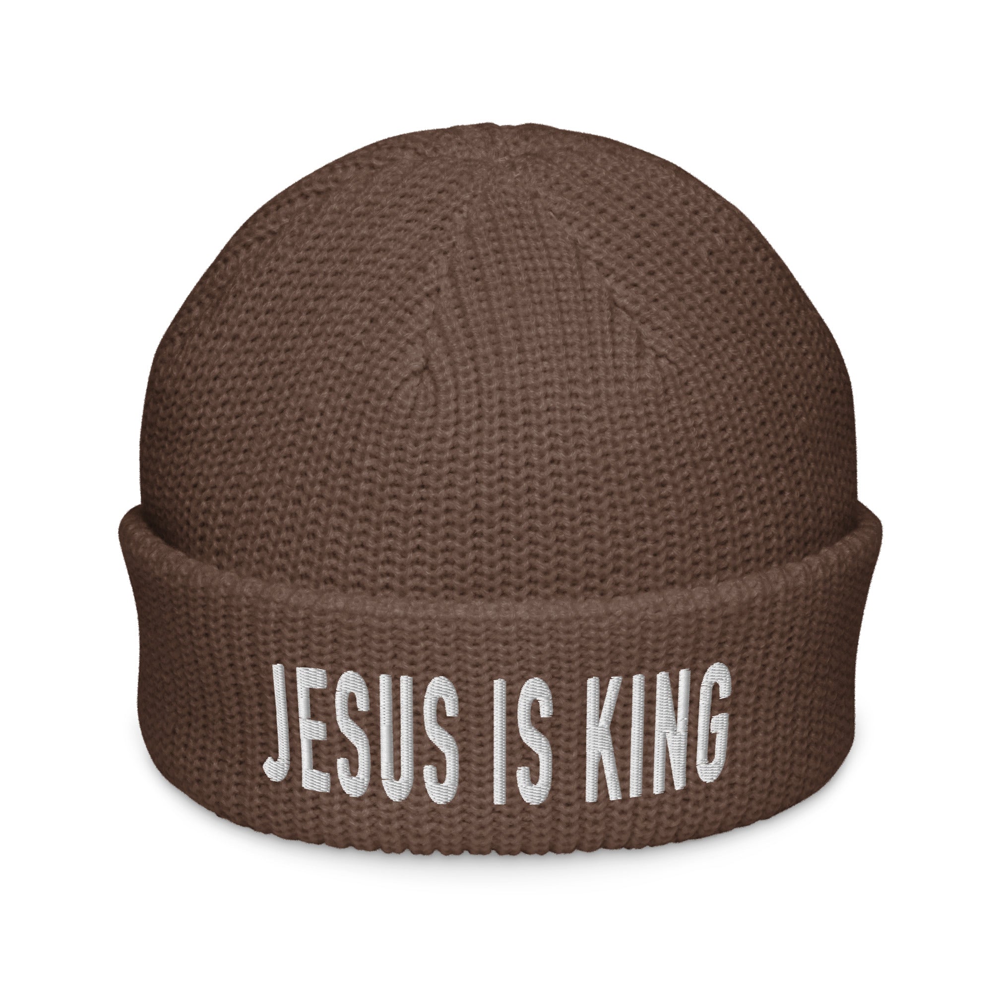 Brown Christian Beanie with 'Jesus Is King' Embroidery for Stylish Faith Expression