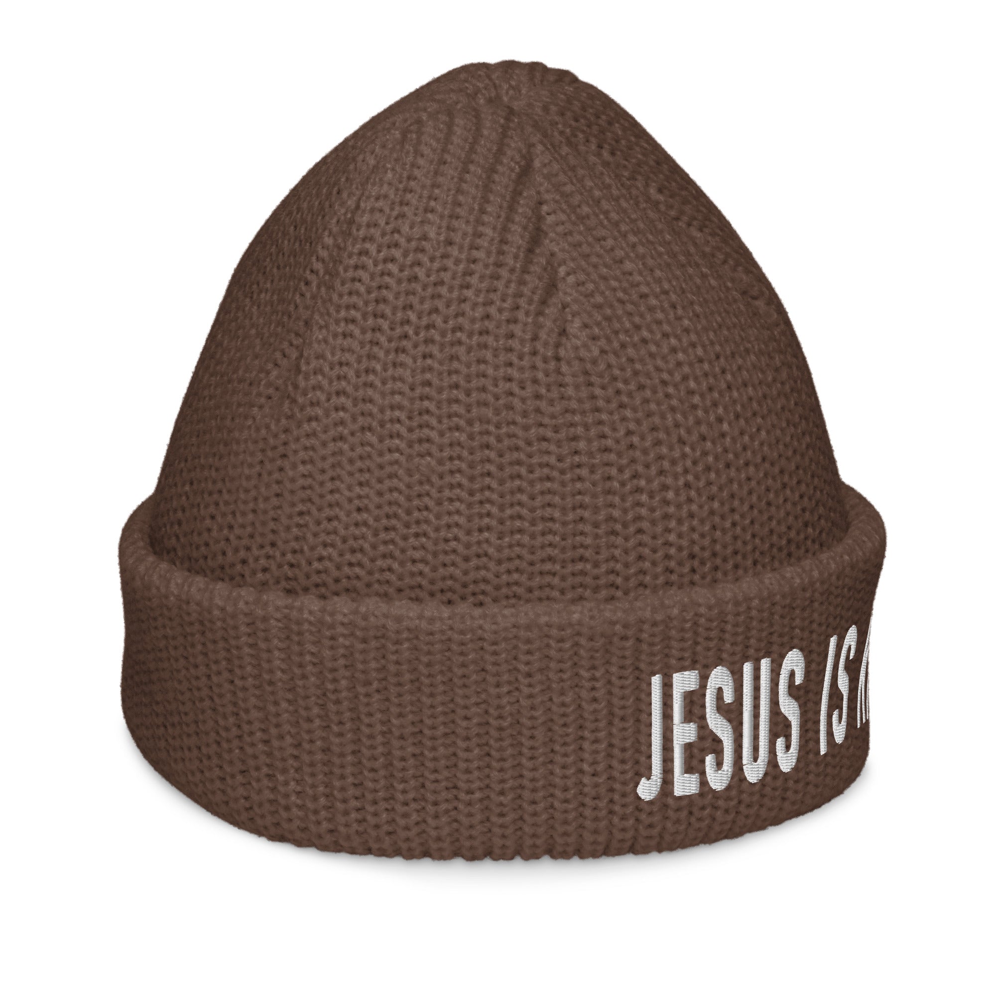 Christian Beanie in Brown with Jesus is King Text for Stylish Faith Expression