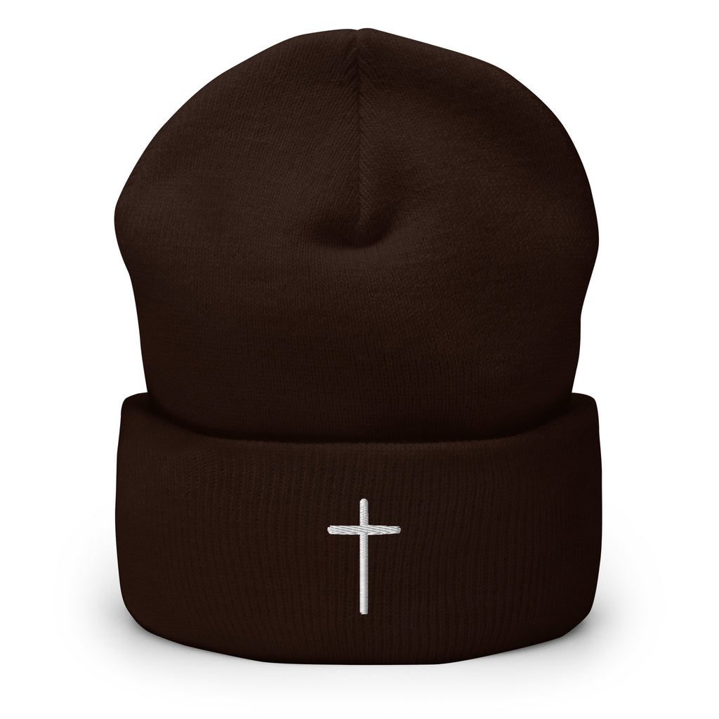 Brown Christian Beanie featuring a silver cross on the front for stylish faith expression