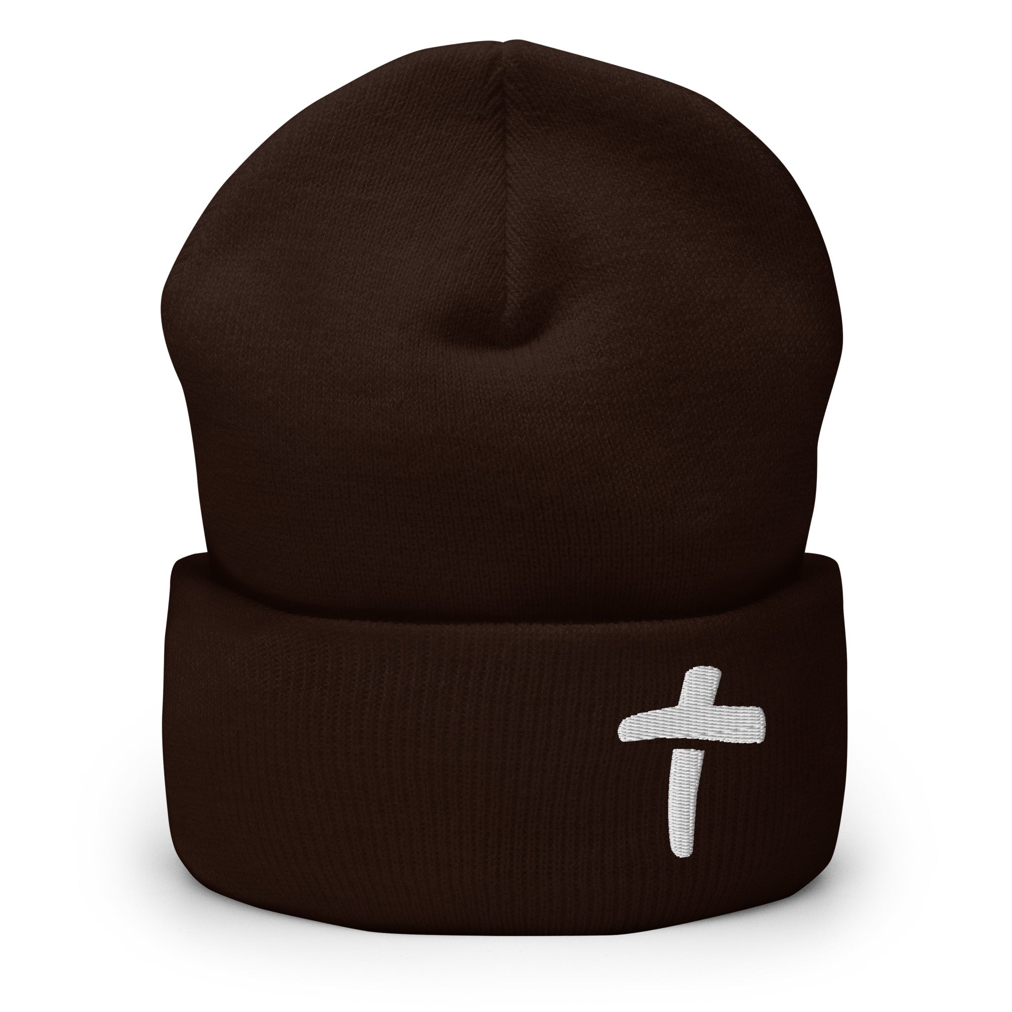 Brown Christian Beanie featuring a white cross design for stylish winter warmth